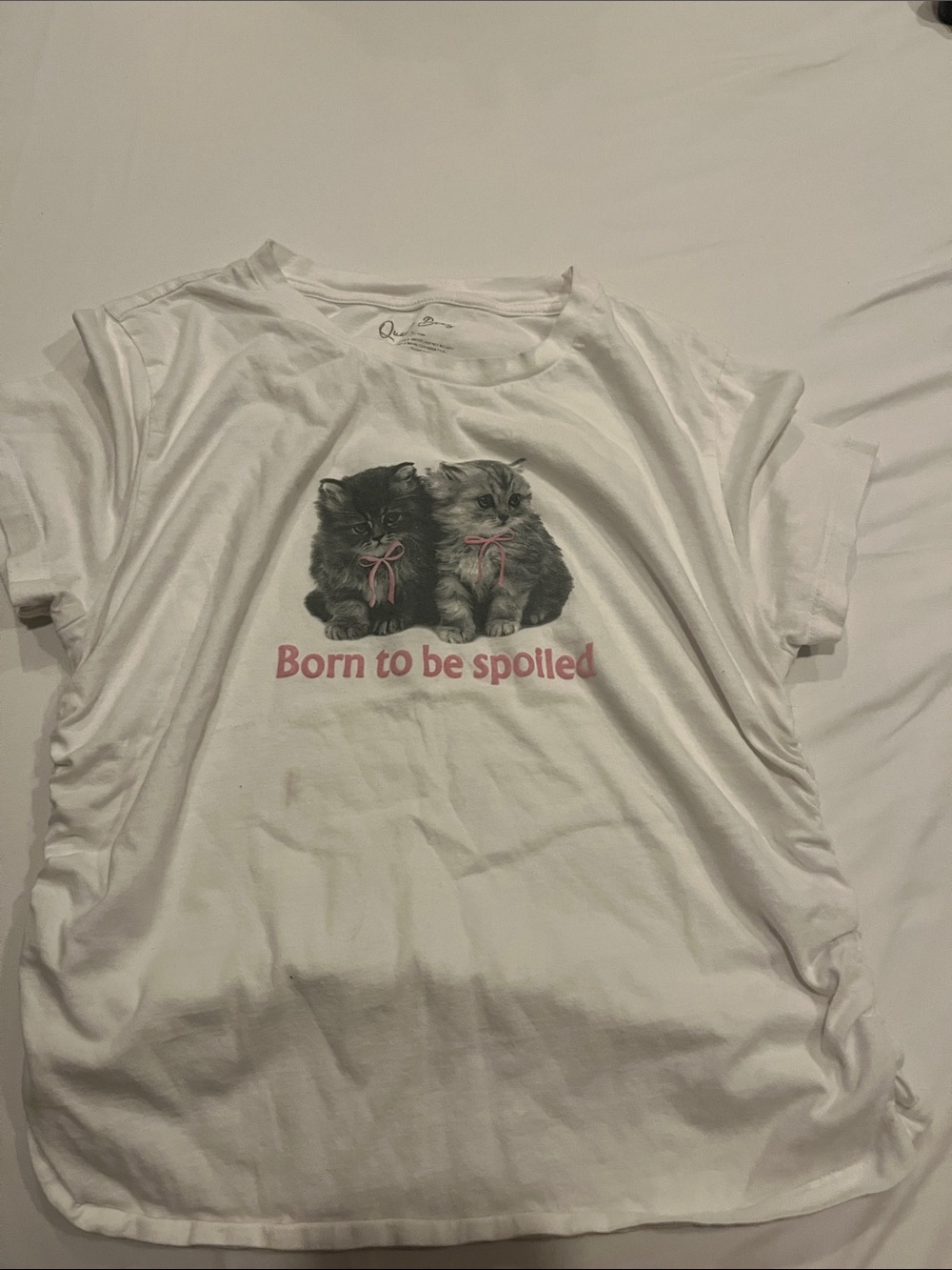 White Kids Tee - 'Born to be spoiled' Cat Graphic